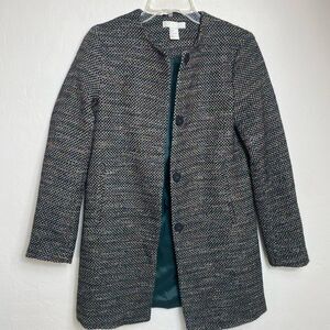 H & M size 2 lightweight collarless tweed midi coat black with multi col…